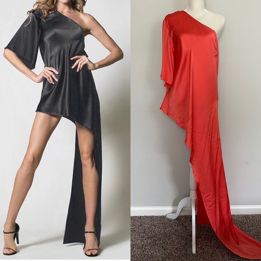 NWT!! Gomez Gracia Coral Satin One Sleeve Asymmetrical Dress UK18 US 16 14 L XL
